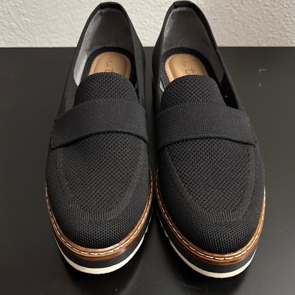 Black Knit Platform Loafers with Brown Trim